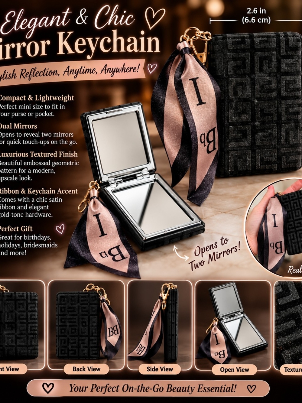Elegant Black Textured Compact Mirror Keychain with Satin Ribbon
